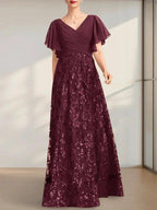 A-line V-Neck Floor-Length Lace Sequin Chiffon Mother of the Bride Dress With Pleated by Dreamylily