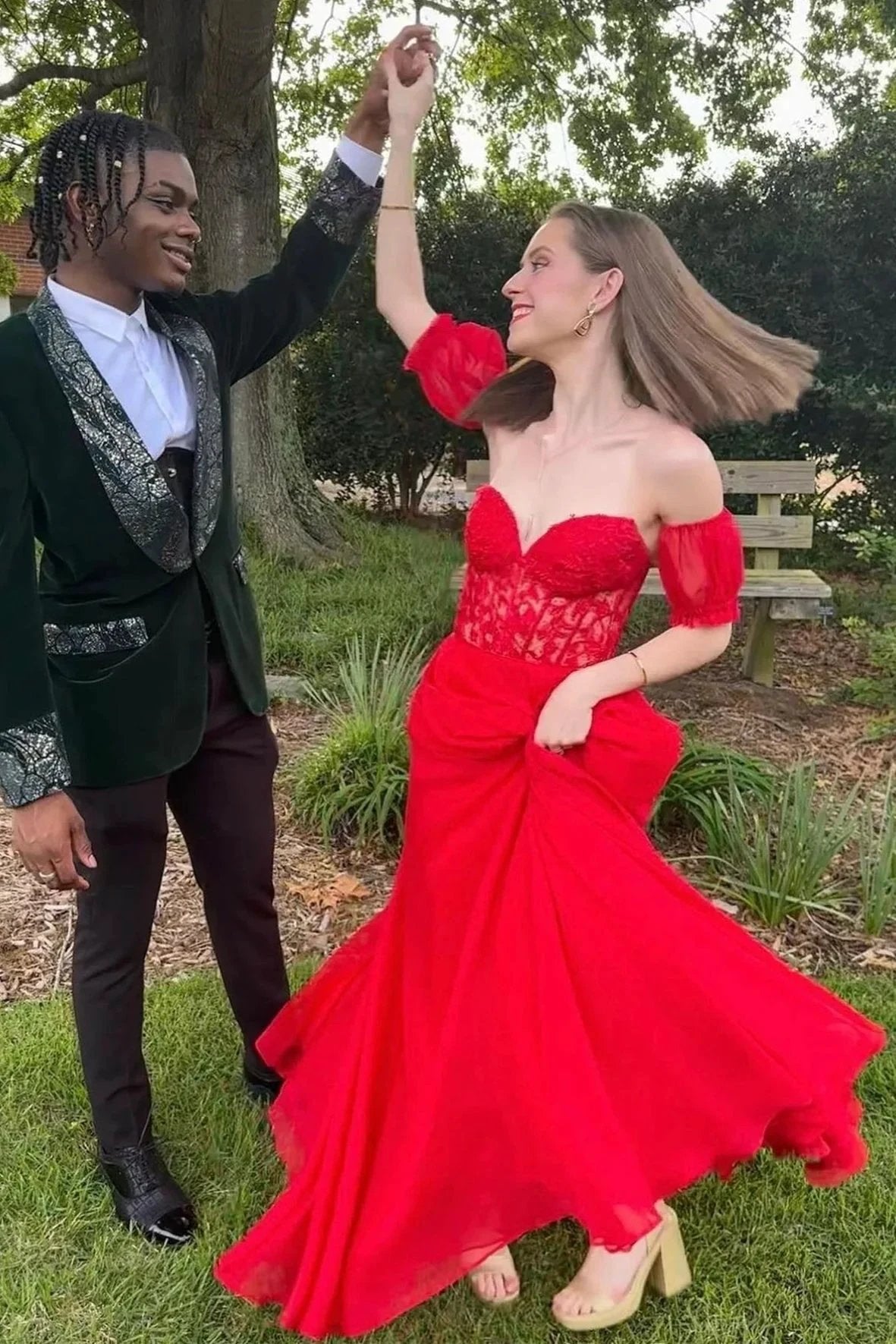 Rachel |A line Sweetheart Chiffon Prom Dress with Puff Sleeves by KissProm