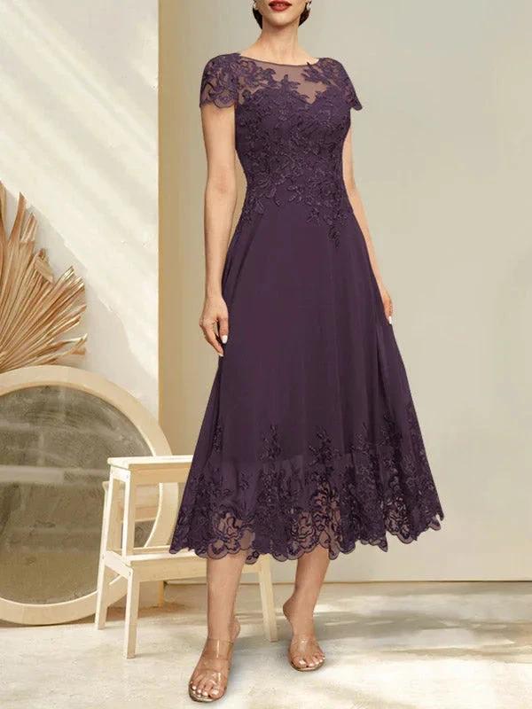 A-line Illusion Scoop Tea-Length Lace Chiffon Mother of the Bride Dress With Sequins by Dreamylily