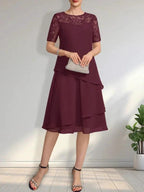 A-line Scoop Illusion Knee-Length Lace Chiffon Mother of the Bride Dress With Sequins by Dreamylily