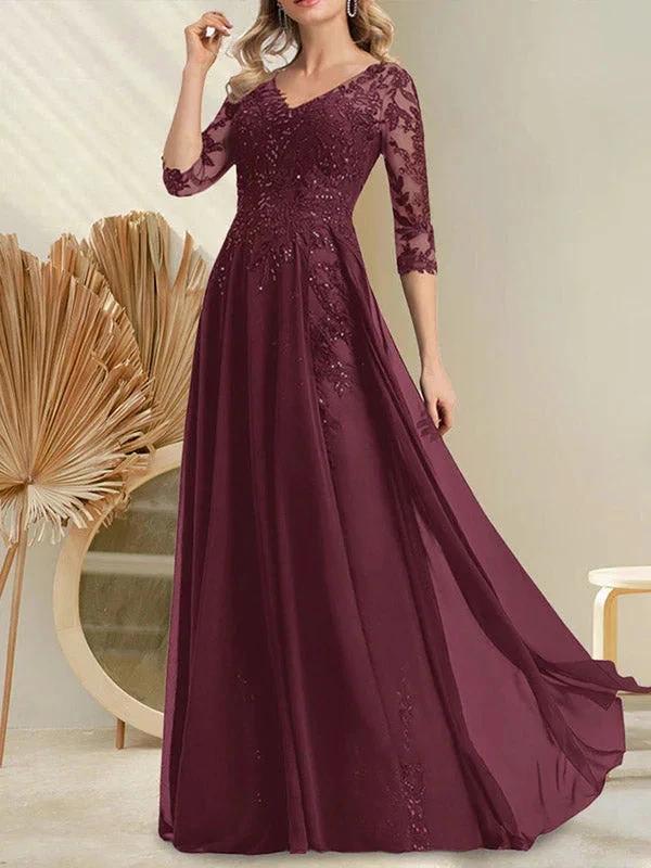 A-line V-Neck Floor-Length Lace Chiffon Mother of the Bride Dress With Sequins by Dreamylily