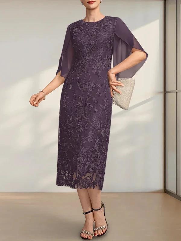 Sheath/Column Scoop Tea-Length Lace Chiffon Mother of the Bride Dress by Dreamylily