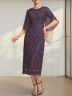 Sheath/Column Scoop Tea-Length Lace Chiffon Mother of the Bride Dress by Dreamylily
