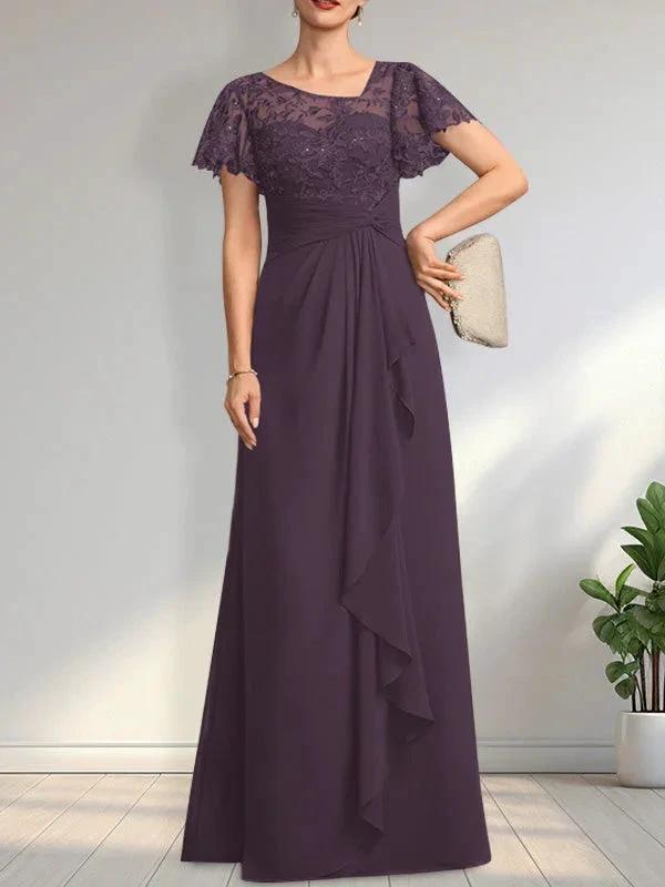 A-line Asymmetrical Illusion Floor-Length Lace Chiffon Mother of the Bride Dress With Cascading Ruffles Sequins by Dreamylily