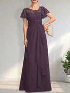 A-line Asymmetrical Illusion Floor-Length Lace Chiffon Mother of the Bride Dress With Cascading Ruffles Sequins by Dreamylily