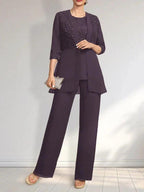 Jumpsuit/Pantsuit Separates Scoop Floor-Length Chiffon Lace Mother of the Bride Dress With Sequins by Dreamylily