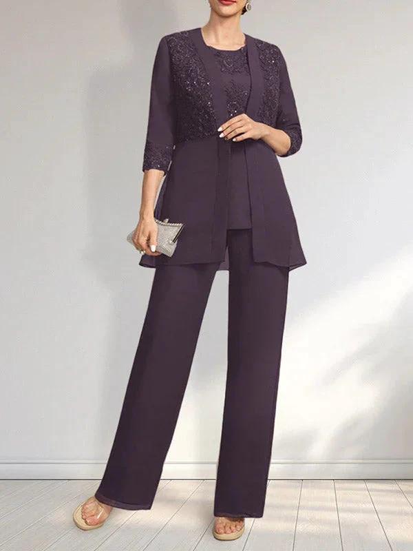 Jumpsuit/Pantsuit Separates Scoop Floor-Length Chiffon Lace Mother of the Bride Dress With Sequins by Dreamylily