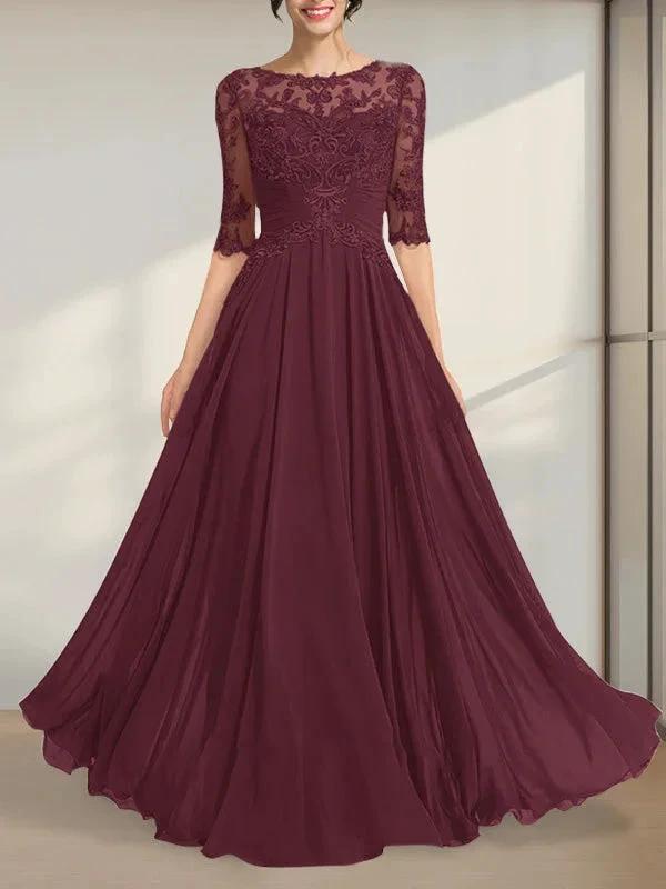 A-line Scoop Illusion Floor-Length Chiffon Lace Mother of the Bride Dress With Pleated Sequins by Dreamylily