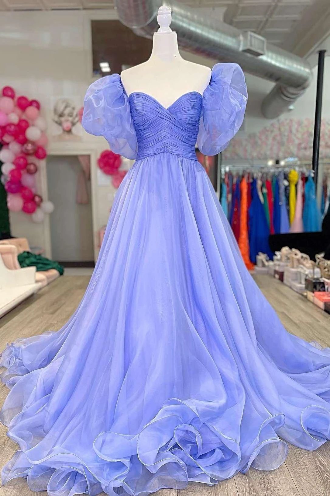 Lavender Strapless A-Line Prom Dress with Puff Sleeves by KissProm
