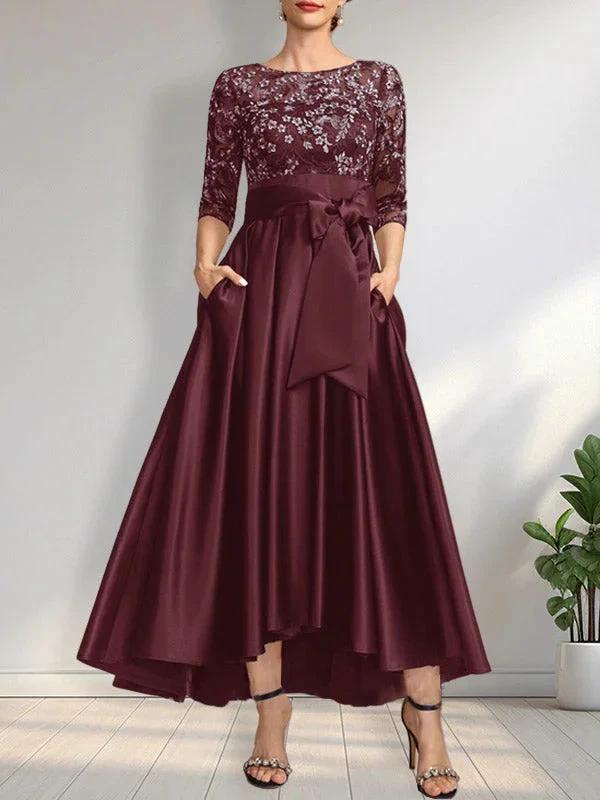 A-line Scoop Illusion Asymmetrical Satin Lace Mother of the Bride Dress With Bow by Dreamylily