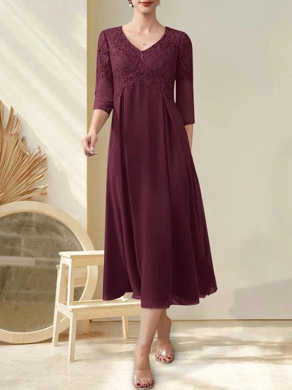 A-line V-Neck Tea-Length Chiffon Lace Mother of the Bride Dress With Beading by Dreamylily