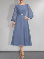 A-line Scoop Tea-Length Chiffon Mother of the Bride Dress With Crystal Brooch Pleated by Dreamylily