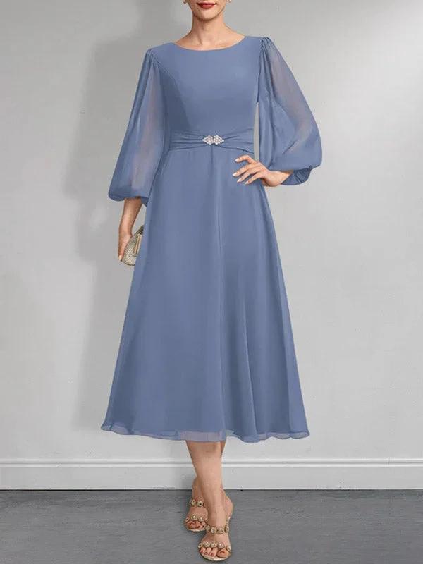 A-line Scoop Tea-Length Chiffon Mother of the Bride Dress With Crystal Brooch Pleated by Dreamylily