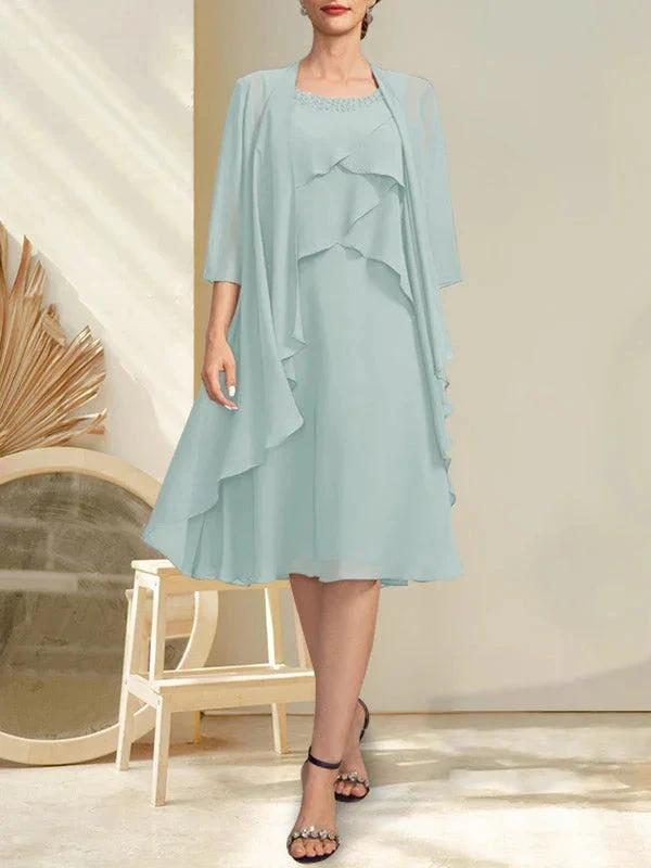 A-line Scoop Knee-Length Chiffon Mother of the Bride Dress With Beading by Dreamylily