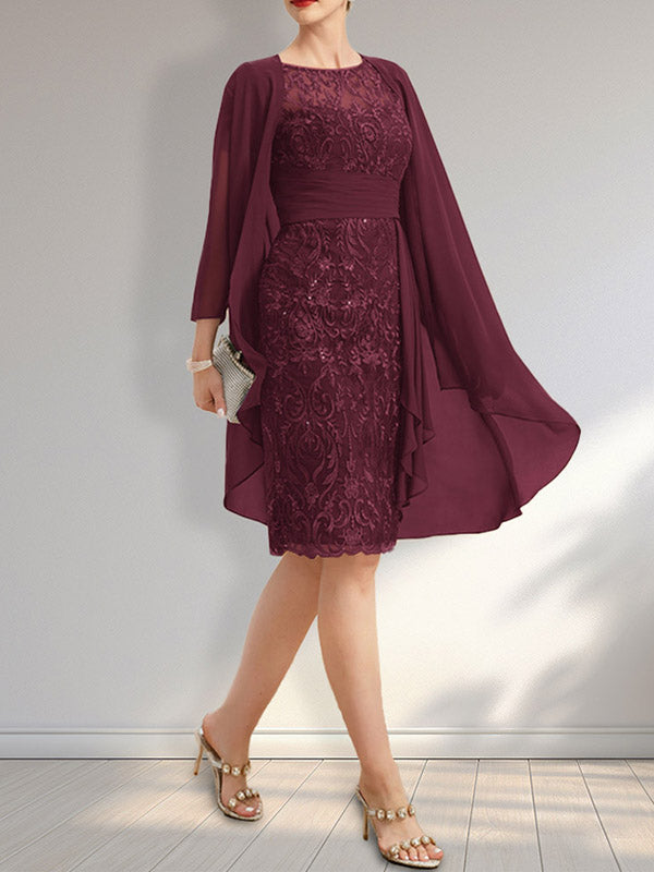Sheath Scoop Illusion Knee-Length Lace Chiffon Mother of the Bride Dress With Cascading Ruffles Sequins