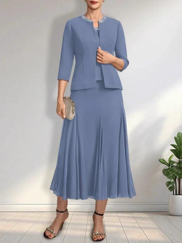 Separates A-line Scoop Tea-Length Chiffon Mother of the Bride Dress With Sequins Beading by Dreamylily