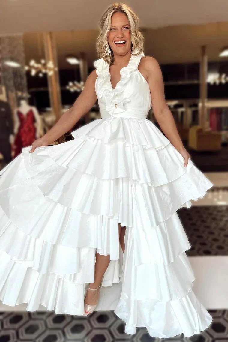 Flora | Halter Red Ruffle Tiered A-Line Prom Dress by KissProm