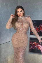 Long Mermaid High Neck Sequins Prom Dress with Sleeves by BIZTUNNEL