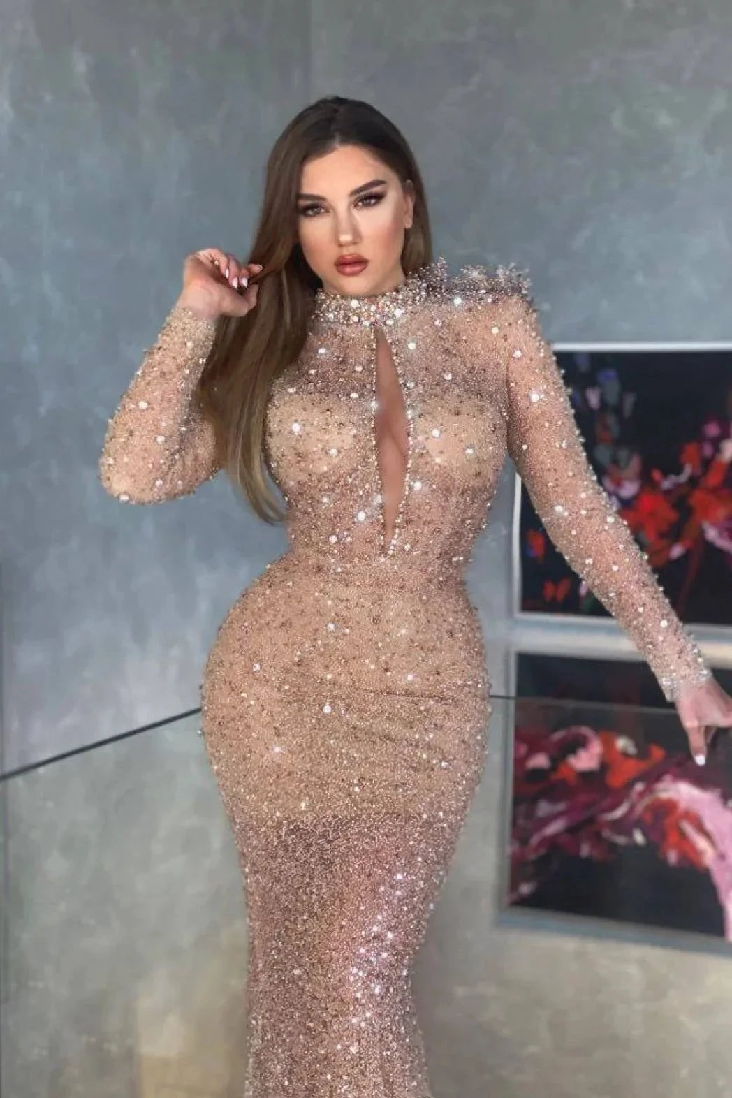 Long Mermaid High Neck Sequins Prom Dress with Sleeves by BIZTUNNEL