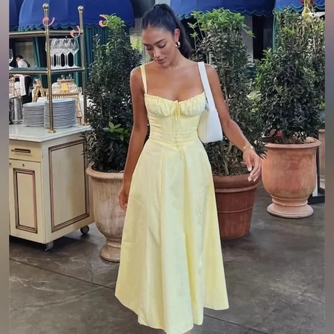 Precioso vestido de fiesta largo amarillo de satén de corte A, vestido de noche Y7578