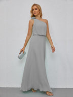 Ruffled One Shoulder Sleeveless Long Bridesmaid Dresses A-line Formal Evening Gown Side Split 28080 by numbersea