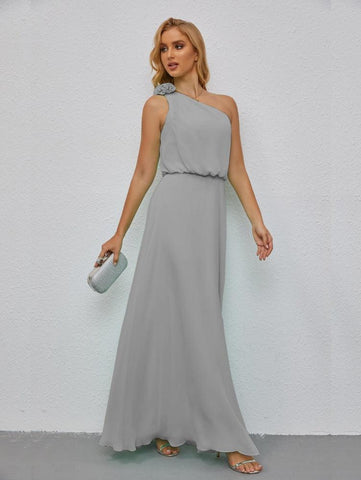 Ruffled One Shoulder Sleeveless Long Bridesmaid Dresses A-line Formal Evening Gown Side Split 28080
