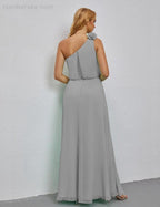 Ruffled One Shoulder Sleeveless Long Bridesmaid Dresses A-line Formal Evening Gown Side Split 28080 by numbersea