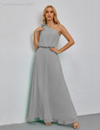 Ruffled One Shoulder Sleeveless Long Bridesmaid Dresses A-line Formal Evening Gown Side Split 28080 by numbersea