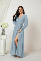 Sunnderly Evening Dresses Deep V-Neck Chiffon Bridesmaid Dresses Long Bishop Sleeve Side Split Formal Dress SY2806 by numbersea