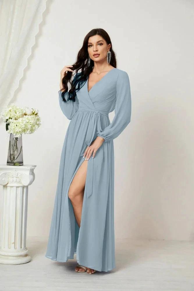 Sunnderly Evening Dresses Deep V-Neck Chiffon Bridesmaid Dresses Long Bishop Sleeve Side Split Formal Dress SY2806 by numbersea