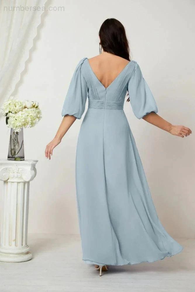 Numbersea Formal Prom Gown Women V-Neck Chiffon Bridesmaid Dresses Long Bishop Sleeve Party Dress 2807 by numbersea