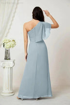 Numbersea Chiffon Ruffled One Shoulder Long Bridesmaid Dresses A-line Formal Evening Gown Side Split 2809 by numbersea