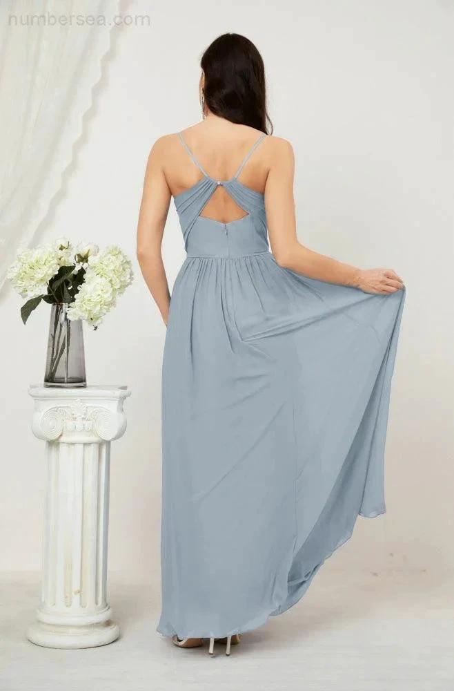 Numbersea Neck Bridesmaid Dresses Chiffon Long Spaghetti A-line Formal Prom Gown for Wedding Party Evening 2801 by numbersea