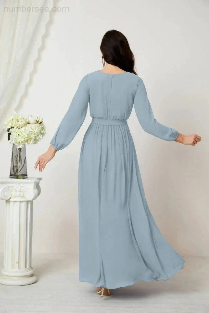 Sunnderly Evening Dresses Deep V-Neck Chiffon Bridesmaid Dresses Long Bishop Sleeve Side Split Formal Dress SY2806 by numbersea