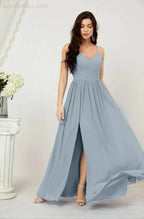Numbersea Neck Bridesmaid Dresses Chiffon Long Spaghetti A-line Formal Prom Gown for Wedding Party Evening 2801 by numbersea