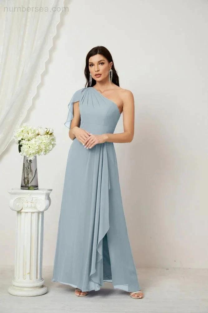 Numbersea Chiffon Ruffled One Shoulder Long Bridesmaid Dresses A-line Formal Evening Gown Side Split 2809 by numbersea