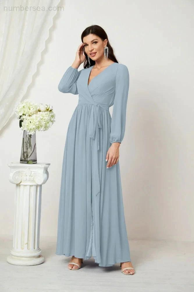 Sunnderly Evening Dresses Deep V-Neck Chiffon Bridesmaid Dresses Long Bishop Sleeve Side Split Formal Dress SY2806 by numbersea