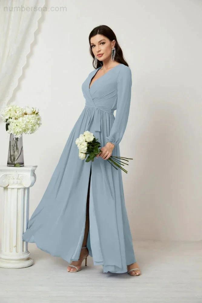Sunnderly Evening Dresses Deep V-Neck Chiffon Bridesmaid Dresses Long Bishop Sleeve Side Split Formal Dress SY2806 by numbersea