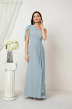 Numbersea Chiffon Ruffled One Shoulder Long Bridesmaid Dresses A-line Formal Evening Gown Side Split 2809 by numbersea
