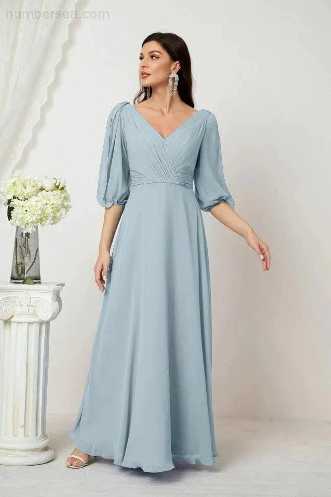 Numbersea Formal Prom Gown Women V-Neck Chiffon Bridesmaid Dresses Long Bishop Sleeve Party Dress 2807 by numbersea