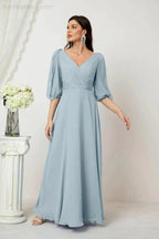 Numbersea Formal Prom Gown Women V-Neck Chiffon Bridesmaid Dresses Long Bishop Sleeve Party Dress 2807 by numbersea