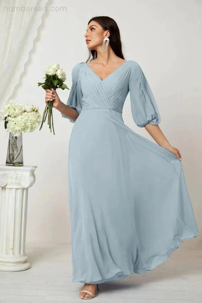 Numbersea Formal Prom Gown Women V-Neck Chiffon Bridesmaid Dresses Long Bishop Sleeve Party Dress 2807 by numbersea