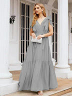 Numbersea Women's Open Back Formal Evening Party Prom Gowns V-Neck Long Chiffon Bridesmaid Dresses with Waist Belt 28038 by numbersea