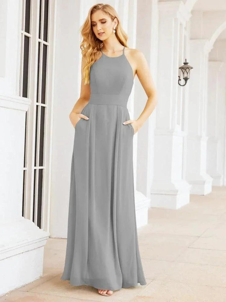 Numbersea Halter Bridesmaid Dresses with Pockets Sleeveless Formal Evening Party Prom Gowns 28055 by numbersea