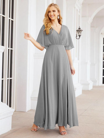 Numbersea V-Neck Bridesmaid Dress Chiffon Long Open Back Formal Dresses for Women Party Evening 28067