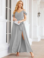 Numbersea Off The Shoulder Chiffon Bridesmaid Dress Long Formal Graduation Gown with Cowl Back 28069 by numbersea