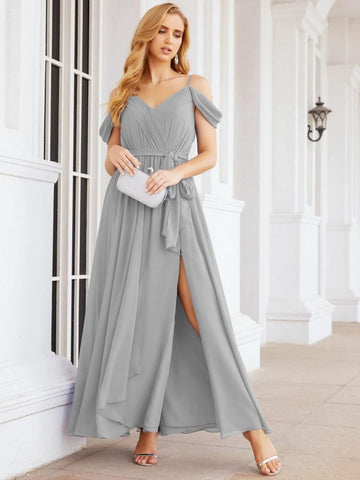 Numbersea Off The Shoulder Chiffon Bridesmaid Dress Long Formal Graduation Gown with Cowl Back 28069