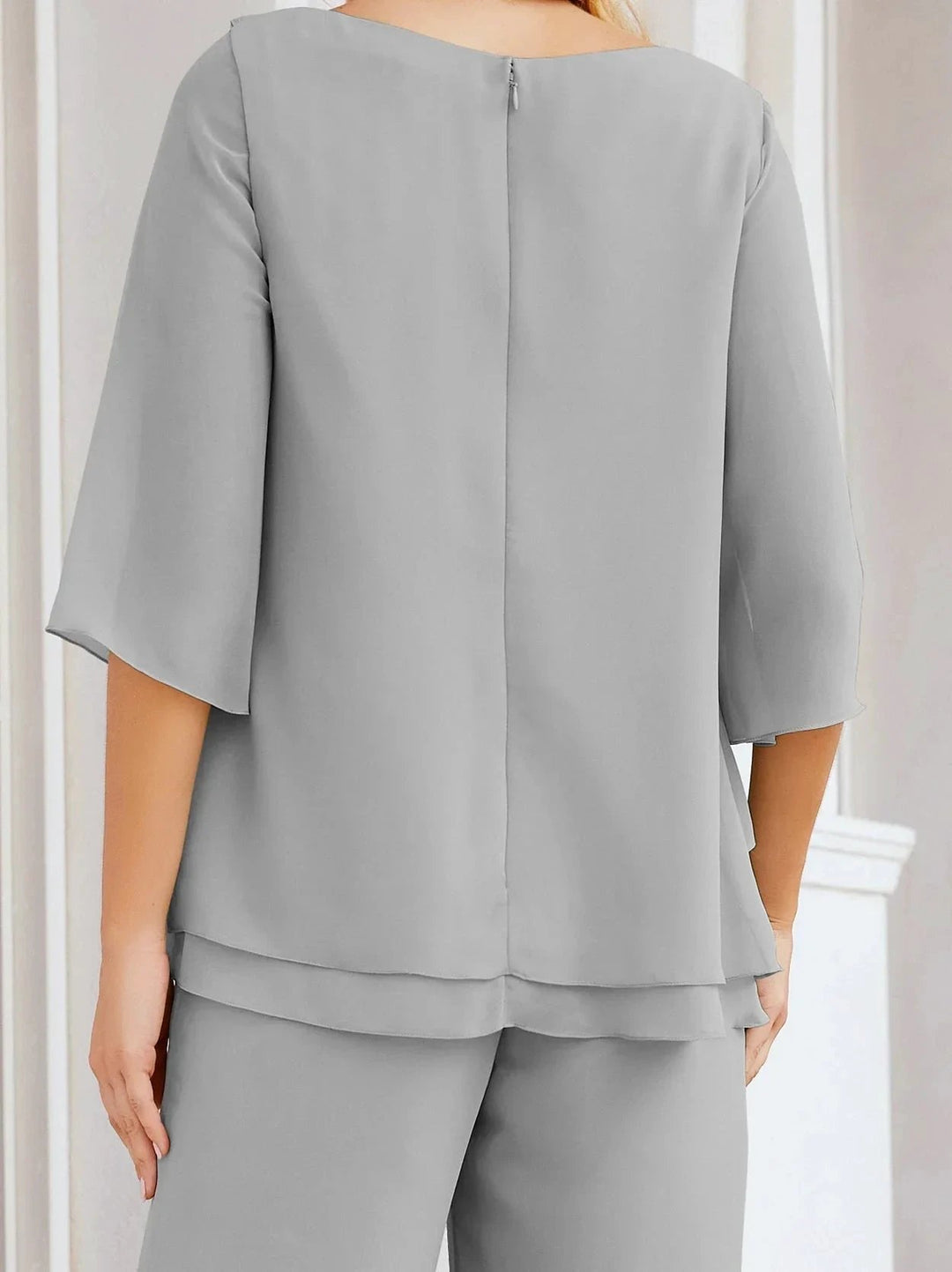 Sunnderly Elegant 2 Piece Mother of The Bride Dress Plus Size Pant Suits Ruffle Layers Sliver Housecoat SY28064 by numbersea