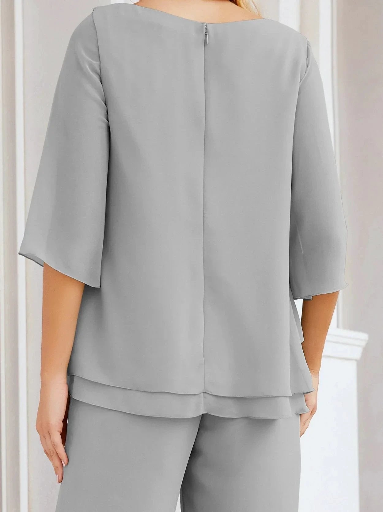 Sunnderly Elegant 2 Piece Mother of The Bride Dress Plus Size Pant Suits Ruffle Layers Sliver Housecoat SY28064 by numbersea