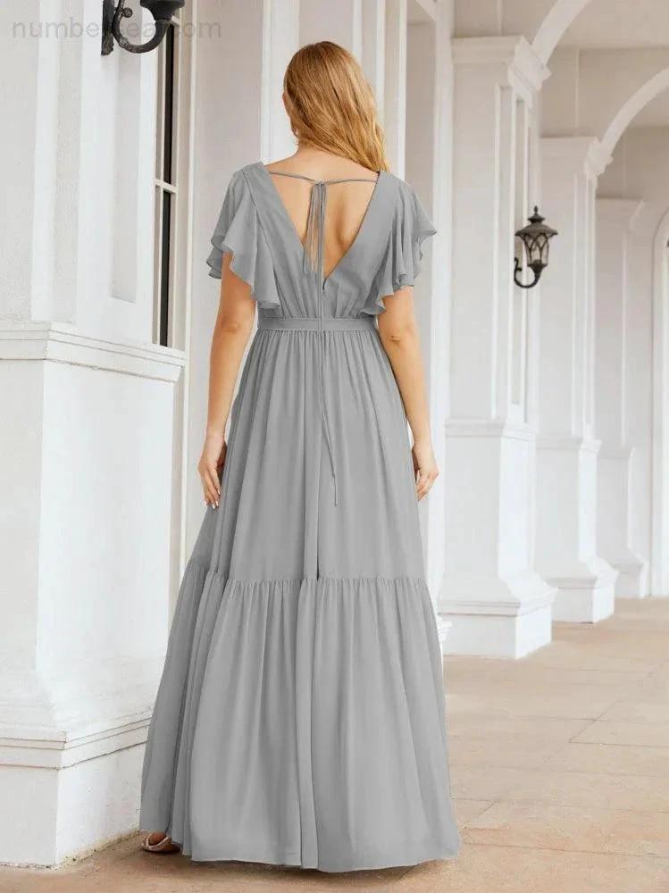 Numbersea Women's Open Back Formal Evening Party Prom Gowns V-Neck Long Chiffon Bridesmaid Dresses with Waist Belt 28038 by numbersea